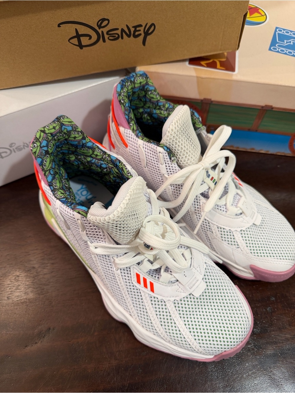 adidas Kids White Sneakers with Pink, Green, Purple and Orange Accents